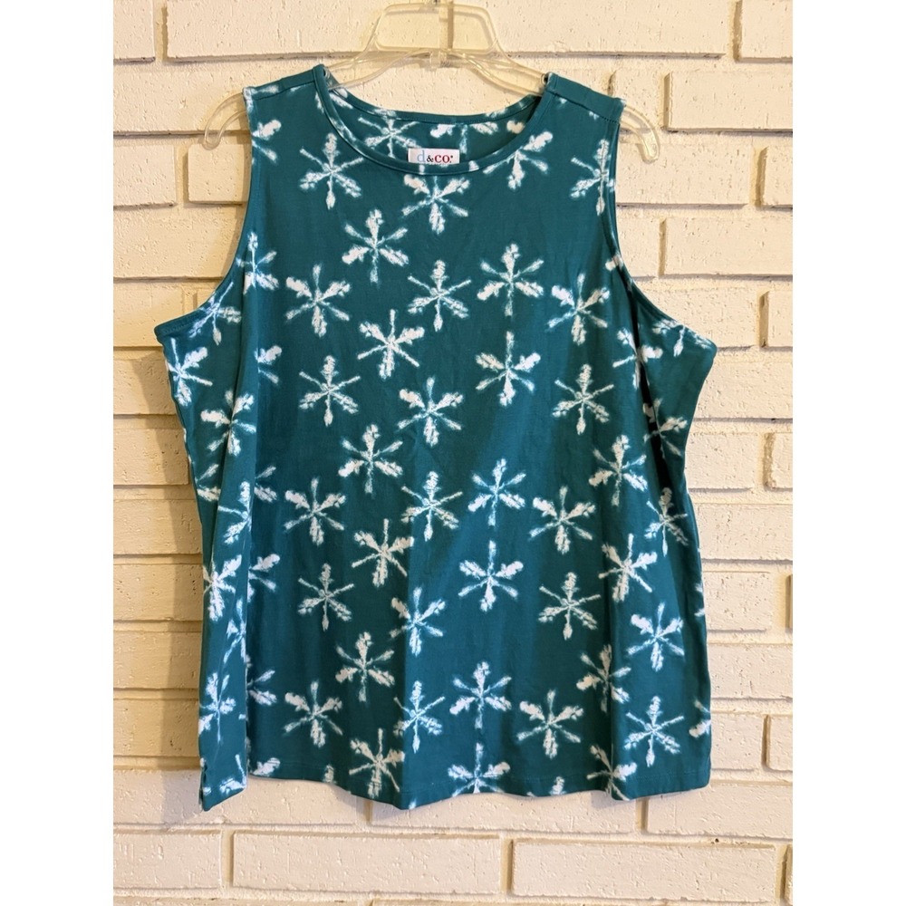 Denim & Co. Printed Perfect Jersey Crew Neck Tank Top - Green Size 1X